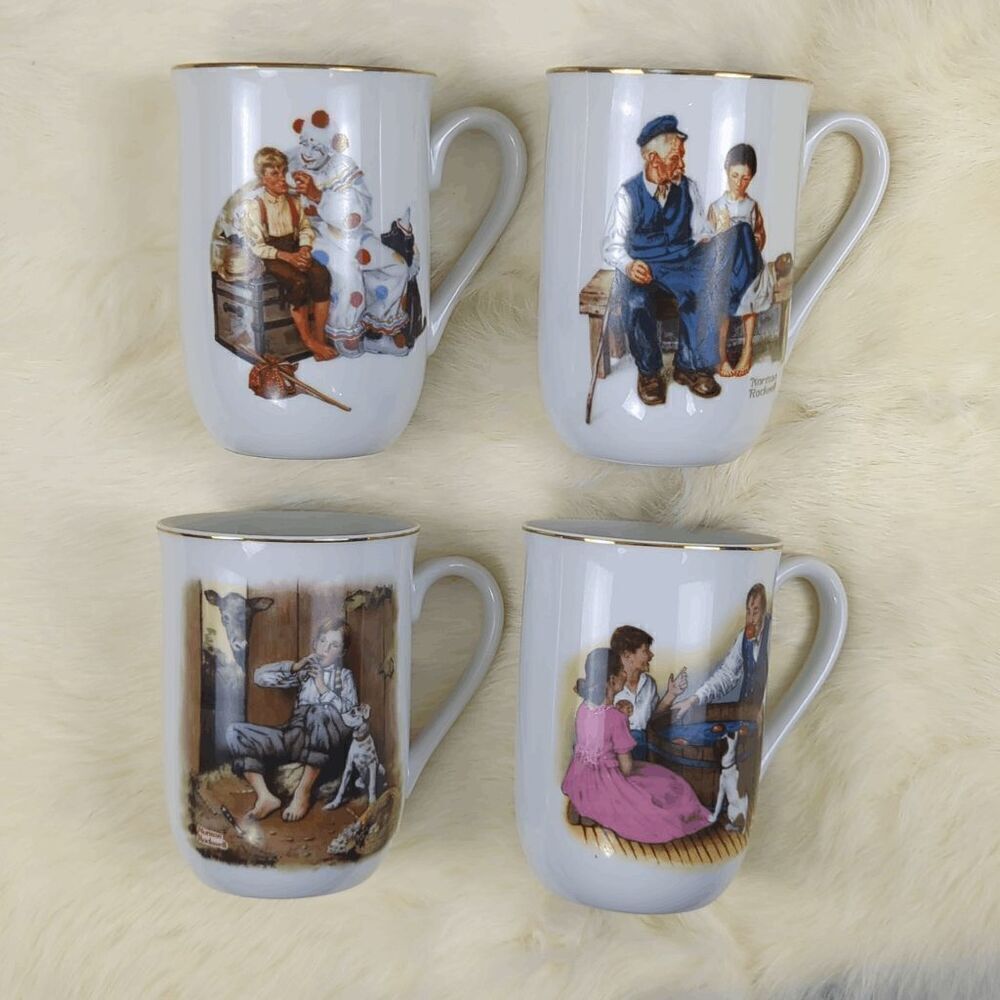 Vintage Set Of 4 Norman Rockwell Museum Coffee Mugs Cups White Gold Trim 1982